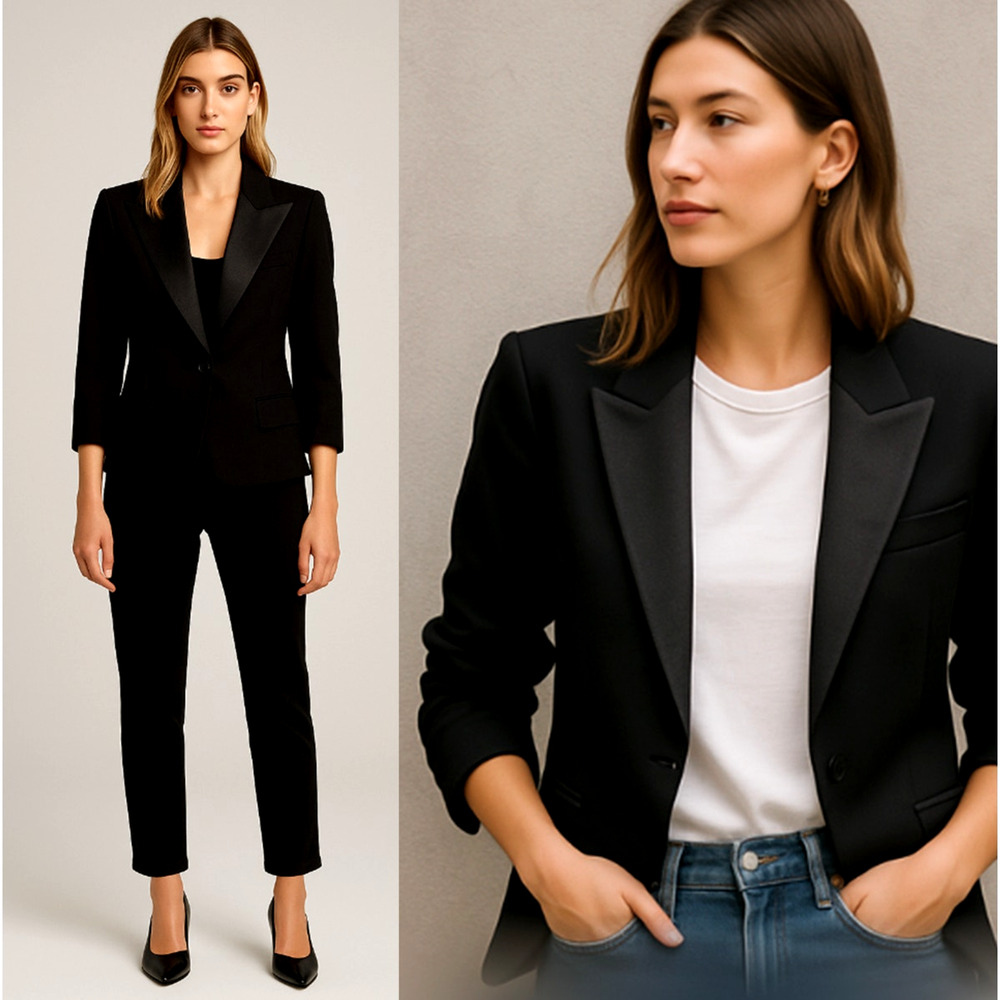 Smythe 4 Classic Wool $725 Tuxedo Blazer Wool Wide Shimmer Lapel Jacket Black
